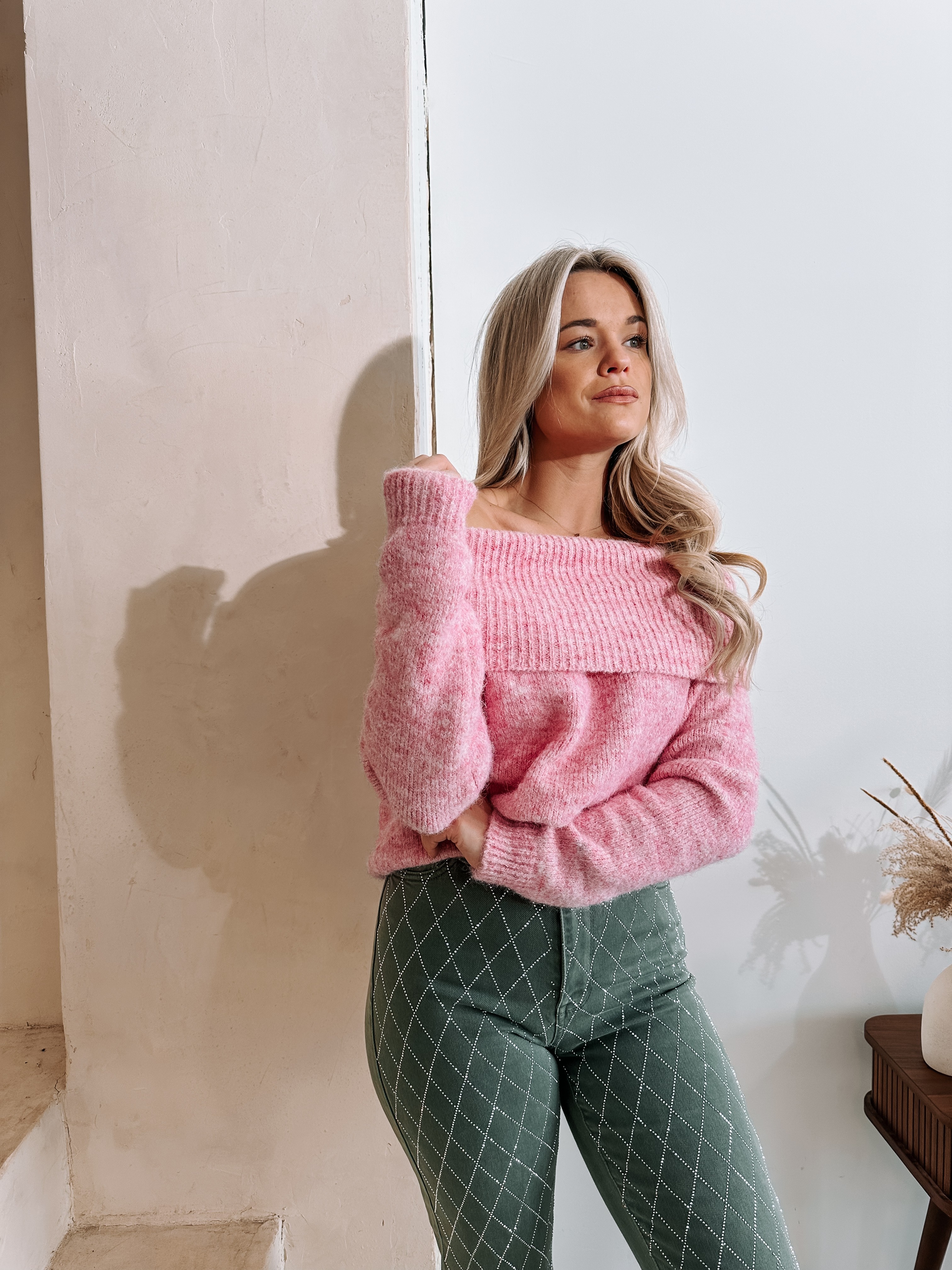 Maysa Offshoulder knitted trui roze onesize